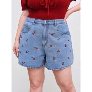 New Cider Women’s Cherry Jean Shorts Size 1X Denim Cherry Print w Pockets Jorts